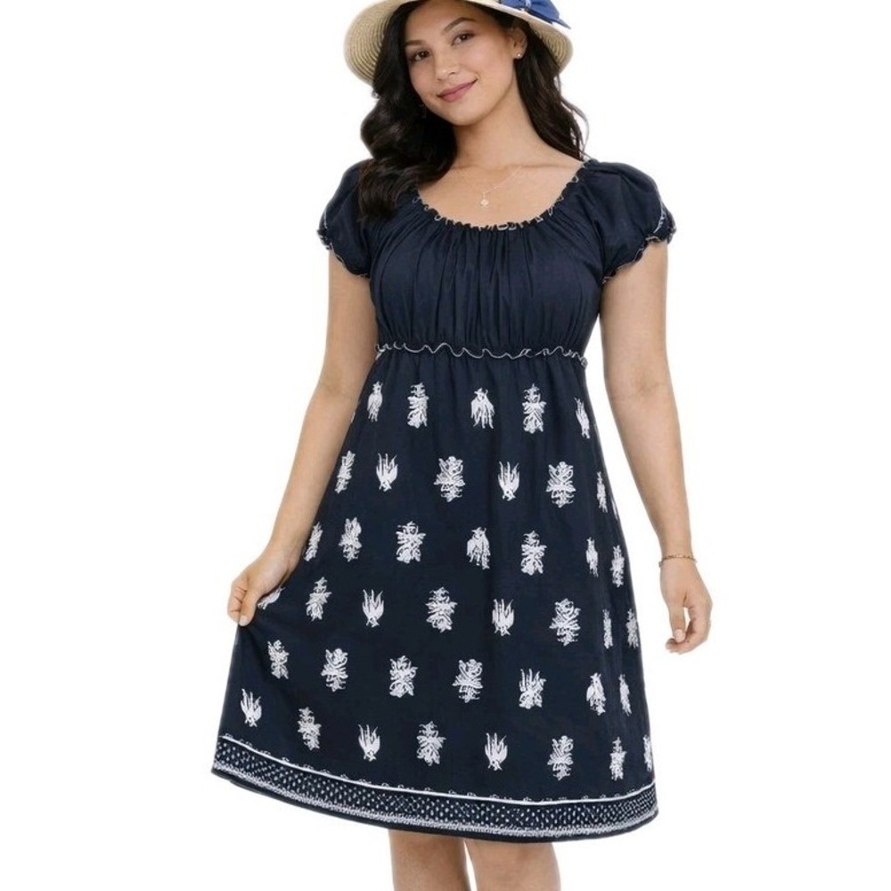 MAX STUDIO Size Medium 100% Cotton Black Empire Waist Peasant Floral Print Dress